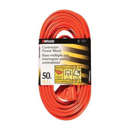 Southwire SJTW Extension Cord, 12 AWG, Indoor/Outdoor, 12/3, 3 Outlets, 5-15R, Orange, Vinyl, 5-15P, 50 ft 819